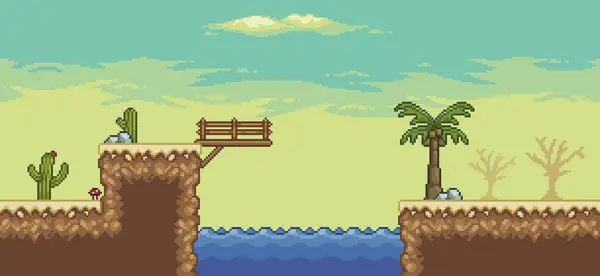Palmiye ağacı, vaha, kaktüs, köprü 8bitlik manzaralı pikselli çöl oyunu sahnesi