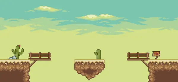 Kaktüsler, köprü, yüzen ada 8bitlik manzaralı pikselli çöl oyunu sahnesi