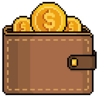 Bozuk paralı pikselli sanat cüzdanı. Para vektör simgesini beyaz arkaplanda 8bit oyuna kaydet