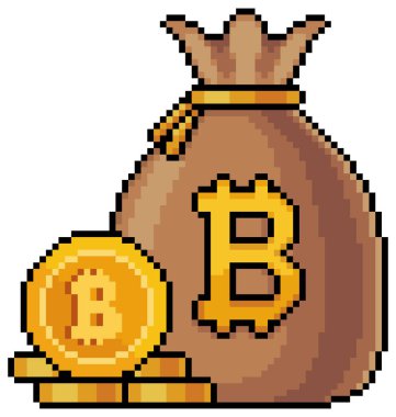 Pikseldeki bitcoin ve kripto para çantası. Beyaz arkaplanda 8bit oyunu için vektör simgesi