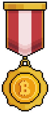 Piksel sanat bitcoin madalyası, beyaz arkaplanda 8bit oyun için kripto para ödülü vektör simgesi