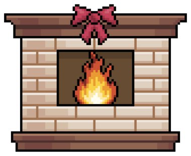 Piksel sanat şöminesi pruva süslemeli, şömine yakma vektör simgesi 8bit oyun için beyaz zemin üzerinde