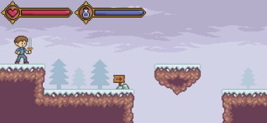 8bit oyun için karakter, yaşam çubuğu ve mana vektör arkaplanı olan pikselli sanat oyunu sahnesi