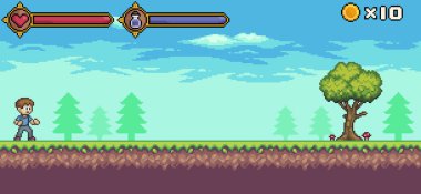 8bit oyun için karakter, yaşam çubuğu ve mana, ağaç, bulut vektör arkaplanı olan pikselli sanat oyunu sahnesi