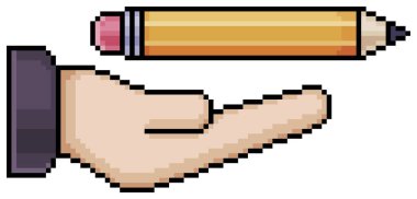 Beyaz arkaplanda 8bit oyun için kalem vektör simgesi tutan piksel el.