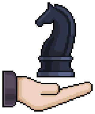 Beyaz zemin üzerinde 8bit oyun için strateji konsept vektör simgesi, satranç şövalyesi ile piksel sanat eli