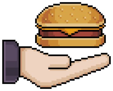 Beyaz zemin üzerinde 8bit oyun için piksel sanatı elle tutulan hamburger vektör simgesi