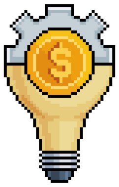 Beyaz zemin üzerinde 8bit oyun için para, yatırım fikri vektör ikonu ile pikselli lamba teçhizatı