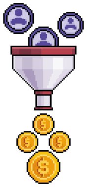 Piksel sanat dijital pazarlama satış huni vektör simgesi 8bit oyun için beyaz arkaplan üzerinde