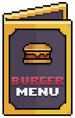 Beyaz zemin üzerinde 8bit oyun için piksel sanat burger menüsü, kağıt menü vektör simgesi