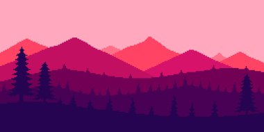 Gün batımında minimalist 8bit arka planda dağlarda pikselli sanat manzarası ormanı