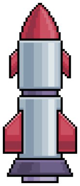 Pixel sanat balistik füzesi. Beyaz arkaplanda 8bit oyun için güdümlü mermi vektör simgesi