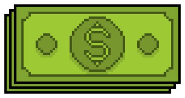 Beyaz zemin üzerinde 8bit oyun için piksel sanat para notları, yatırım ve finans vektör simgesi