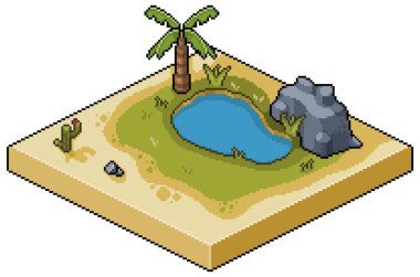 Pixel art isometric oasis desert with lake, grass, palm tree, cactus and stones 8bit game scenario clipart