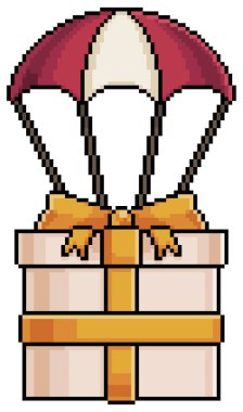 Beyaz arkaplanda oyun için hediye vektör simgesiyle birlikte piksel sanat paraşütü