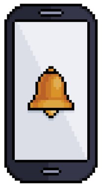 Beyaz zemin üzerinde 8bit oyun için çan simgesi vektör simgesi olan pikselli cep telefonu