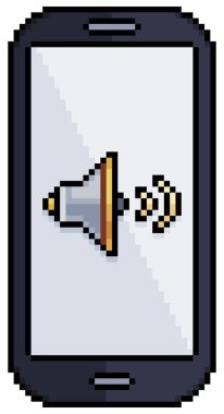 Beyaz zemin üzerinde 8bit oyun için hoparlör ve ses simgesi vektör simgesi olan pikselli sanat cep telefonu