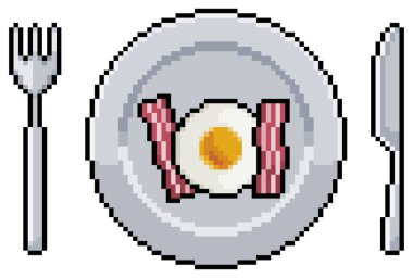 Beyaz zemin üzerinde 8bit oyun için kızarmış yumurta ve pastırma vektör ikonu ile pikselli resim tabağı