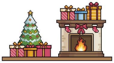 Piksel sanat şöminesi ve 8 bit oyun için temel arka plan vektörü üzerinde hediyeleri olan noel ağacı