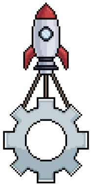 Beyaz zemin üzerinde 8bit oyun için piksel sanat roketi çekme vites vektör simgesi