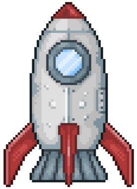 Beyaz arkaplanda 8bit oyun için piksel sanat roketi simgesi.