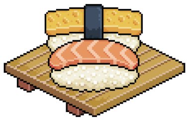 Pixel art sake nigiri ve tamago ahşap suşi tahtası vektör simgesi üzerinde beyaz arkaplanda 8bit oyun için
