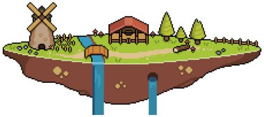 Gökyüzündeki pikselli sanat adası beyaz zemin üzerinde 8 bit için yüzen ada arkaplanı