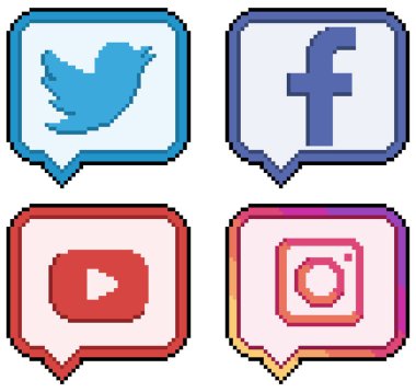 Piksel resim Twitter, facebook, youtube ve Instagram 8bit stilinde sosyal medya ve sosyal ağları simgeler