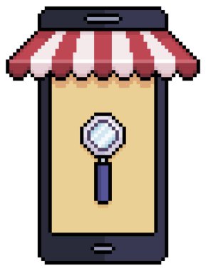 Dükkan güneşliği ve büyüteç ikonlu pikselli cep telefonu. Beyaz arkaplanda 8bit oyun için çevrimiçi depolama vektör simgesi