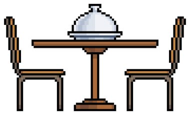 Beyaz zemin üzerinde 8bit oyun için sandalye ve yemek tepsisi vektör simgesi olan pikselli tahta masa