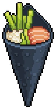 Pikselli sanat temaki sushi, Japon yemek vektör simgesi 8bit oyun için beyaz zemin üzerinde