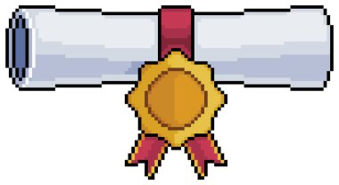 Beyaz arkaplanda 8bit oyunu için Piksel Sanat Üniversitesi diploma sertifika vektör simgesi