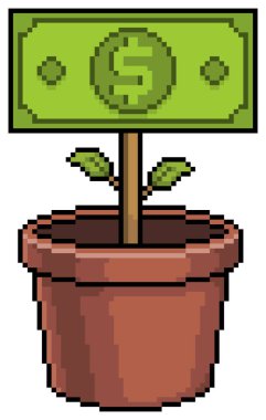 Banknotlu pikselli sanat vazosu, 8bit oyun için 8bit arkaplan üzerine para vektör simgesi yerleştir 
