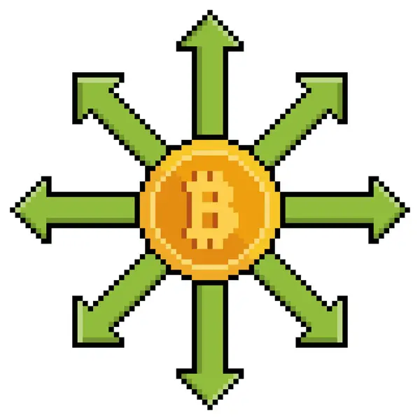 Yönlendirme okları ile pikselli sanat bitcoin, beyaz arkaplan üzerinde 8bit oyun için bitcoin genişleme vektör simgesi