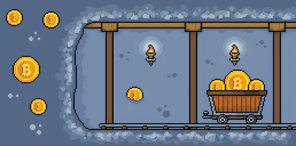 Pixel sanat bitcoin madeni ve maden arabası. Bitcoin madencilik mağara vektör arkaplan 8bit