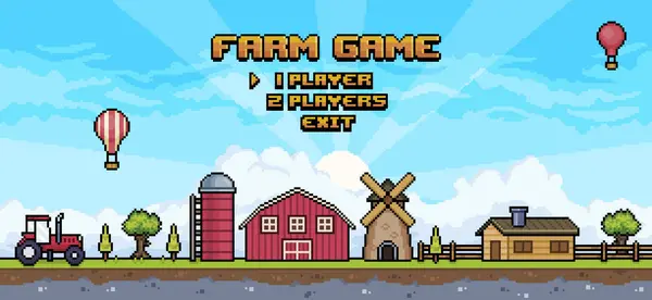 Piksel Sanat Çiftliği oyun menüsü. 8bit ev-traktör, ev, ahır, değirmen, silo, ağaç, çit arka planlı ekran manzarası