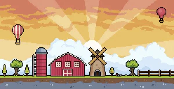 Gün batımında pikseller, ahır, silo, değirmen, çit, ağaç 8 bitlik oyun arkaplanı