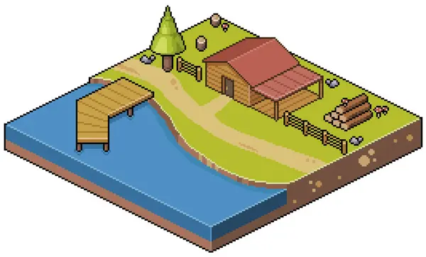 Göl ve yaz kampı arkaplanındaki pikselli peyzaj evi.