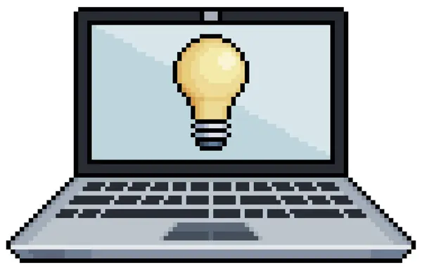 Beyaz zemin üzerinde oyun için ekran üzerinde ampul, fikir ve yaratıcılık vektörü olan piksel sanat dizüstü bilgisayarı