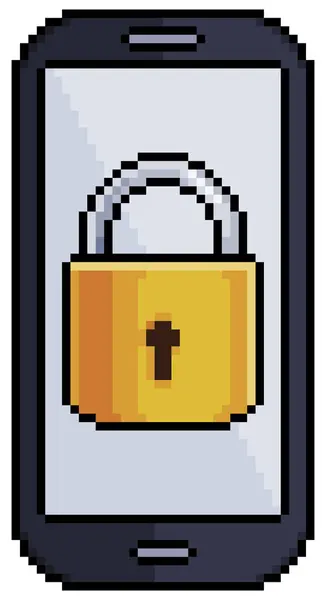 Piksel cep telefonu ve asma kilit. Beyaz arkaplanda 8bit oyun için güvenli cep telefonu vektör simgesi