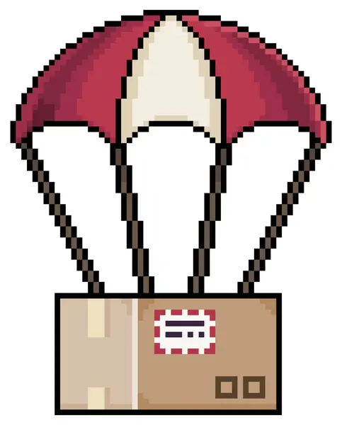 Beyaz zemin üzerinde 8bit oyun için paket ve kutu vektör simgesi olan piksel sanat paraşütü