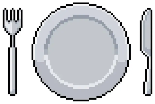 Piksel sanat tabağı çatal ve bıçak. Yemek, öğle yemeği ve akşam yemeği. Beyaz arkaplanda 8bit oyun ögesi