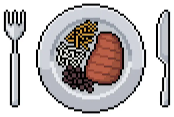 Beyaz zemin üzerinde 8bit oyun için biftek, pilav, fasulye ve patates kızartması vektör simgesi içeren pikseller.