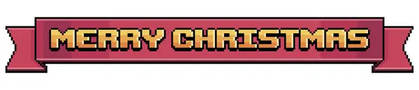 Pixel sanat kırmızı kurdelesi mutlu noeller, altın mutlu noel vektör simgesi ile pankart beyaz arkaplanda 8bit oyun için