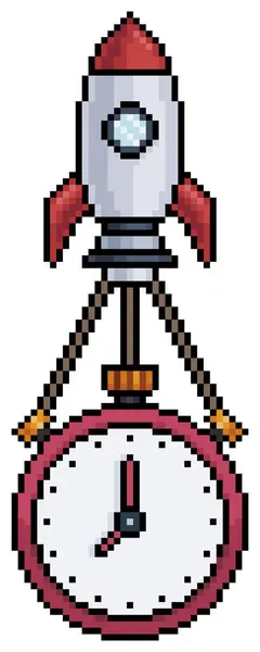 Piksel sanat roketi saat, kronometre, alarm saat vektör simgesi beyaz arkaplanda 8bit oyun için