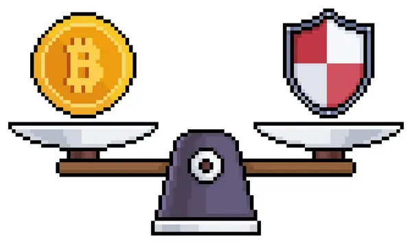 Beyaz zemin üzerinde 8bit oyun için bitcoin ve kalkan vektör simgesi ile pikseller