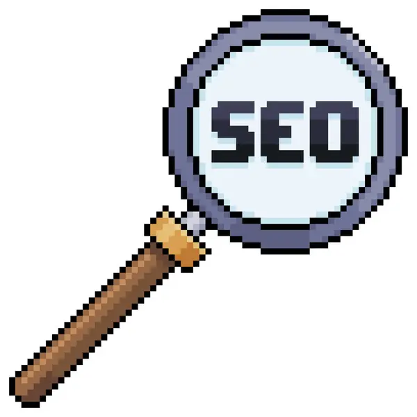 SEO sözcüğüyle piksel resim büyüteç, beyaz arkaplanda 8bit oyun için arama motoru optimizasyon vektör simgesi
