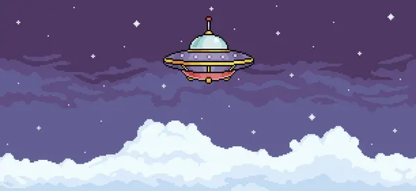 Bulutlu gökyüzünde pikselli resim UFO 'su. Gece gökyüzünde uçan uzaylı uzay gemisi. 8 bit vektör arkaplanı