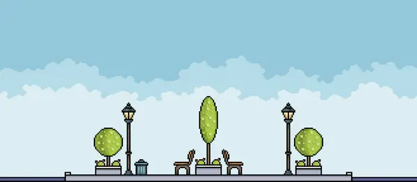 Ağaçlı pikseller, çiçekli yataklar, banklar, tencere ve çöp tenekeleri olan şehir manzarası. 8bit oyun için şehir manzarası arka planı
