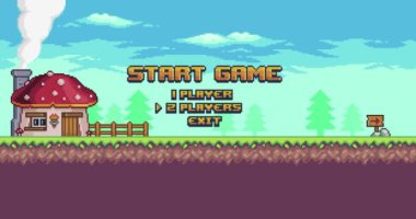 Piksel sanatı ve 8-bit tarzı bir oyunun animasyonu. Bir 2B ve 8-bit oyunun başlangıç menüsünün video canlandırması